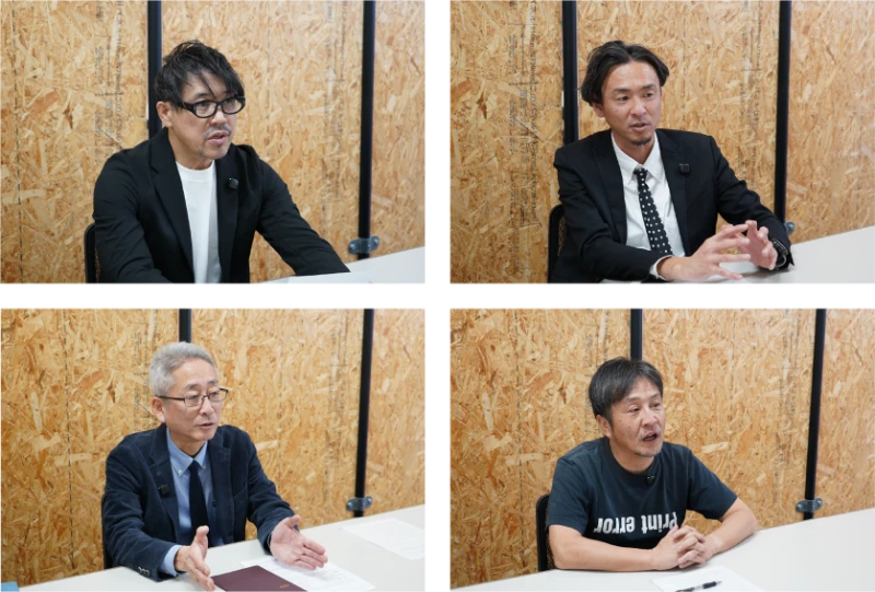 （写真左上）取締役　信廣 徹　様 （写真右上）営業統括部長　伊藤 通祐　様 （写真左下）プロダクト部部長　宮本 栄次　様 （写真右下）クリエイティブ部部長　中間 大介　様